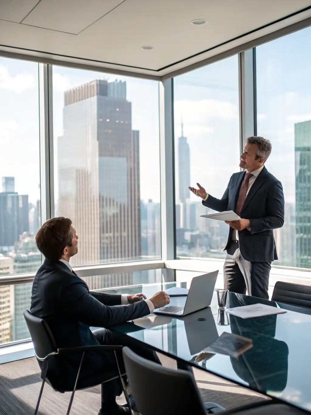 A sales professional confidently presenting to a client, showcasing persuasive communication and product knowledge in a sleek, modern showroom.