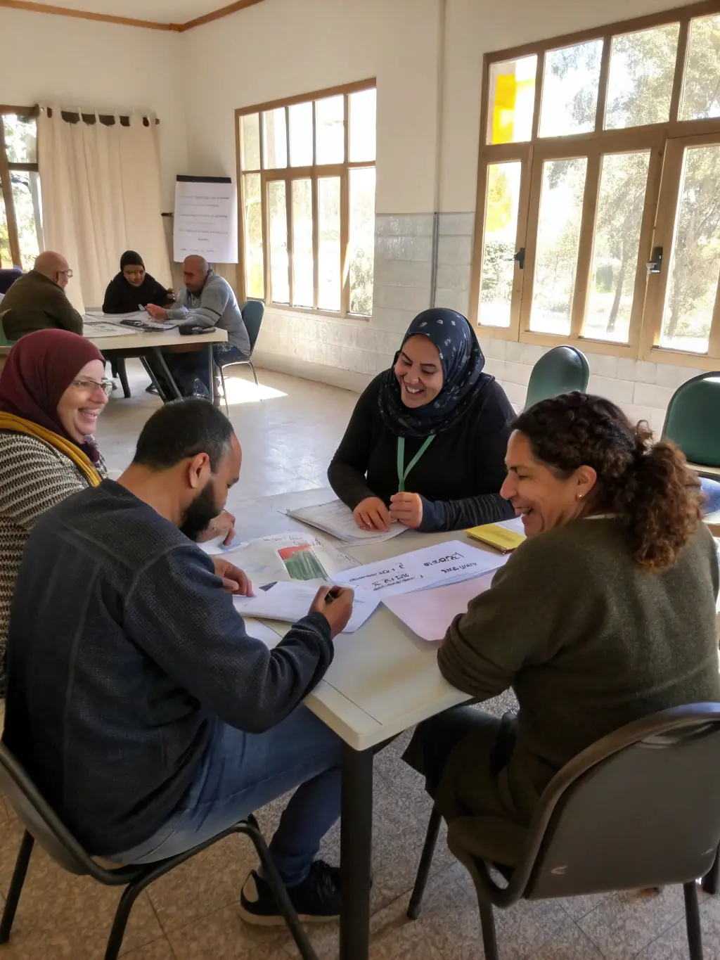 A diverse group of professionals engaged in a conflict resolution simulation, demonstrating active listening and de-escalation techniques in a modern office setting.