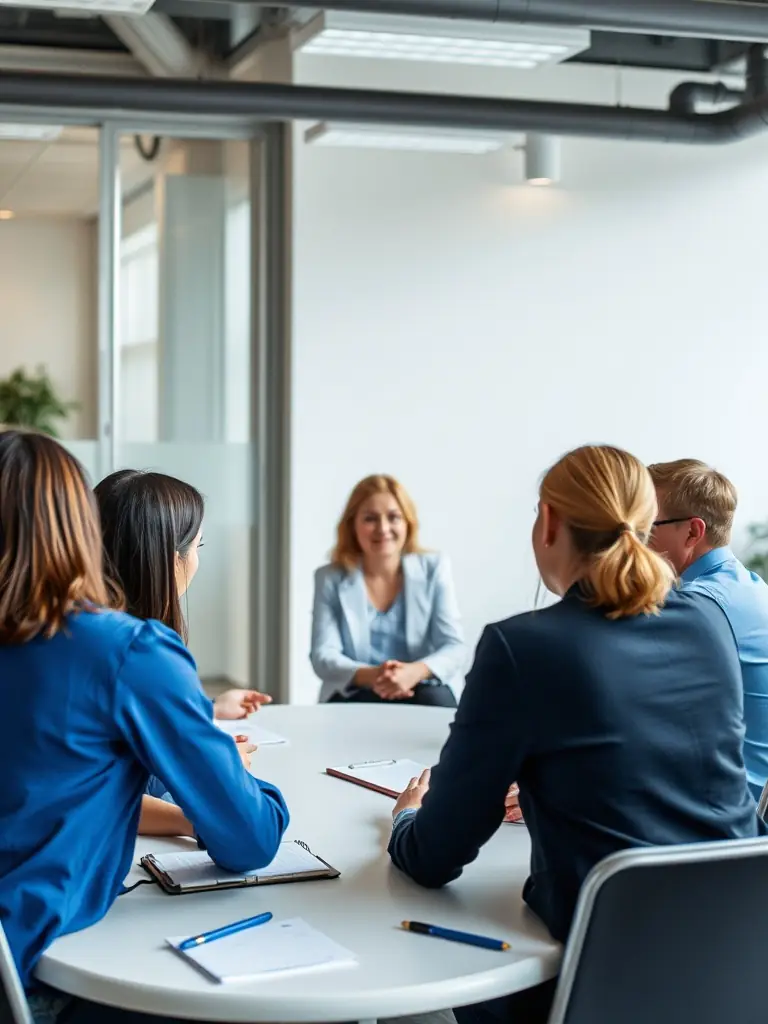 A focused image of a diverse group of professionals actively participating in a conflict resolution training session, emphasizing engagement and practical application of skills.