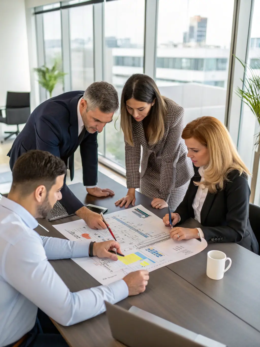 A team of professionals strategizing around a table, with one individual presenting data on a screen, illustrating effective stakeholder communication and engagement.