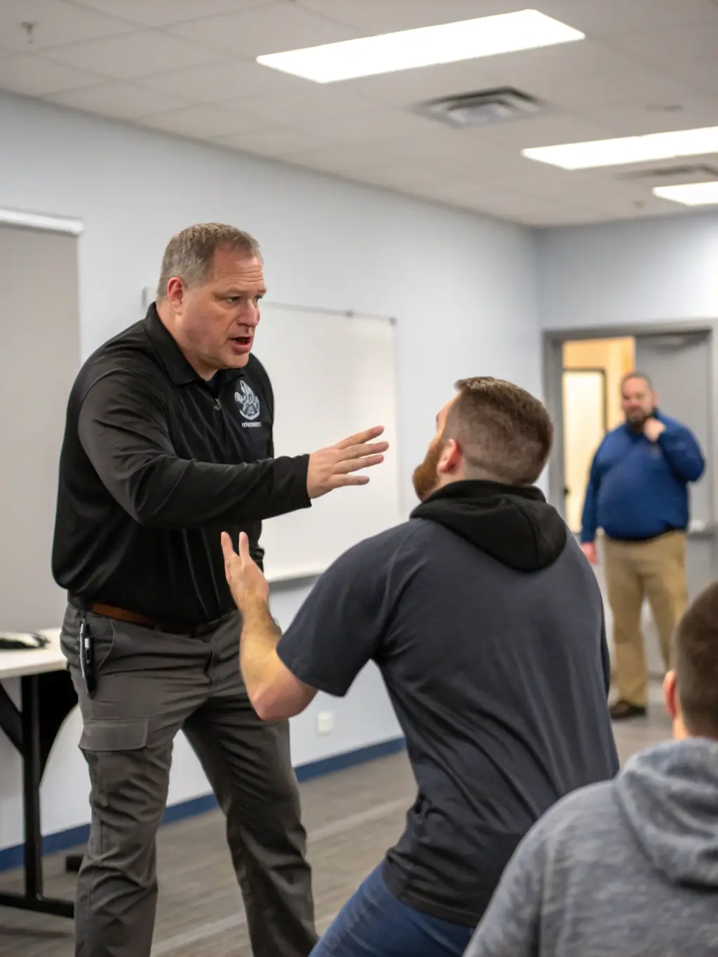 An image depicting participants learning de-escalation techniques in a 'Dealing with Difficult People' training, focusing on practical skills.